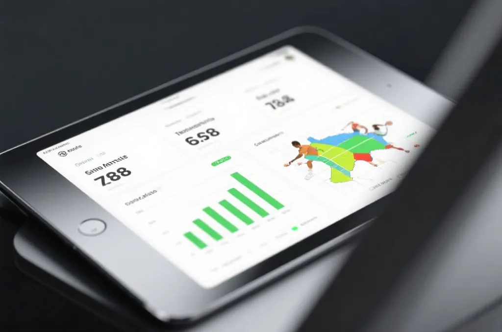 An elegant close-up of a modern tablet screen displaying generic tennis match statistics, bar charts, and player heatmaps, clean minimalist design